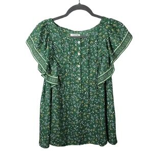 Max Studio Floral Flutter Sleeve Blouse Womens Medium Green Pintuck Boho Top